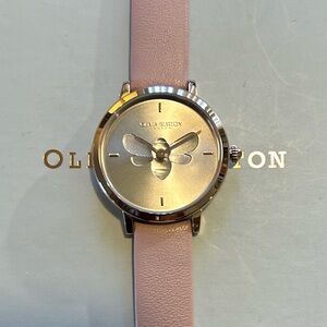 Olivia Burton Watch with 28mm Silver Face With Classic UltaSlim Bee & Pink Band